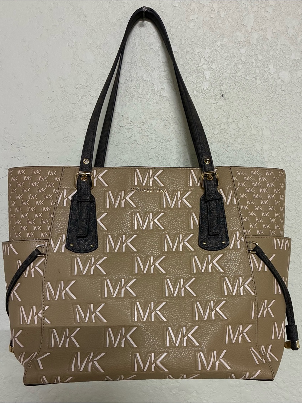 Michael Kors Taupe MK Monogram Tote with Black Straps